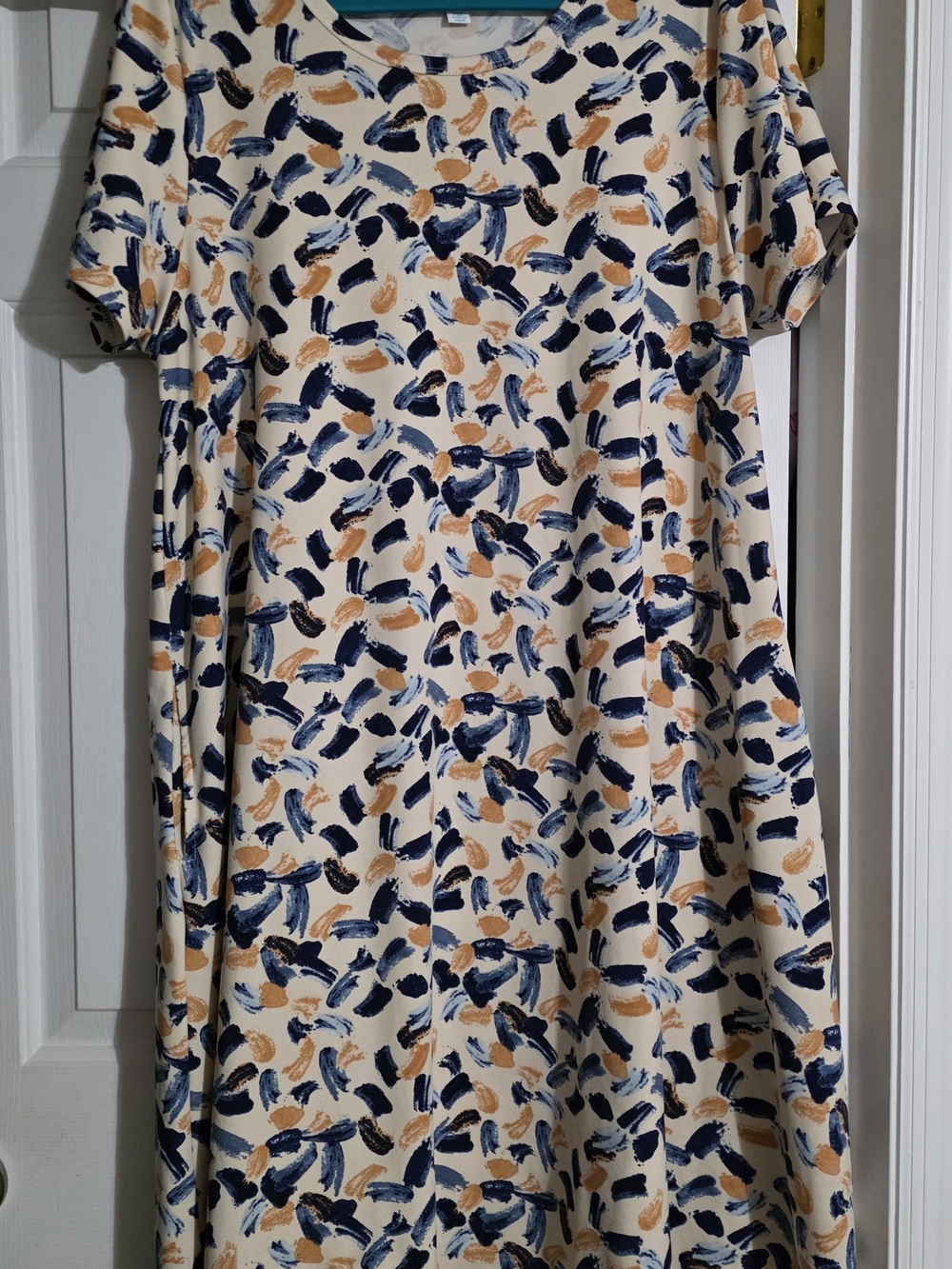 LuLaRoe Cream Midi Dress with Navy and Mustard Brushstroke Print